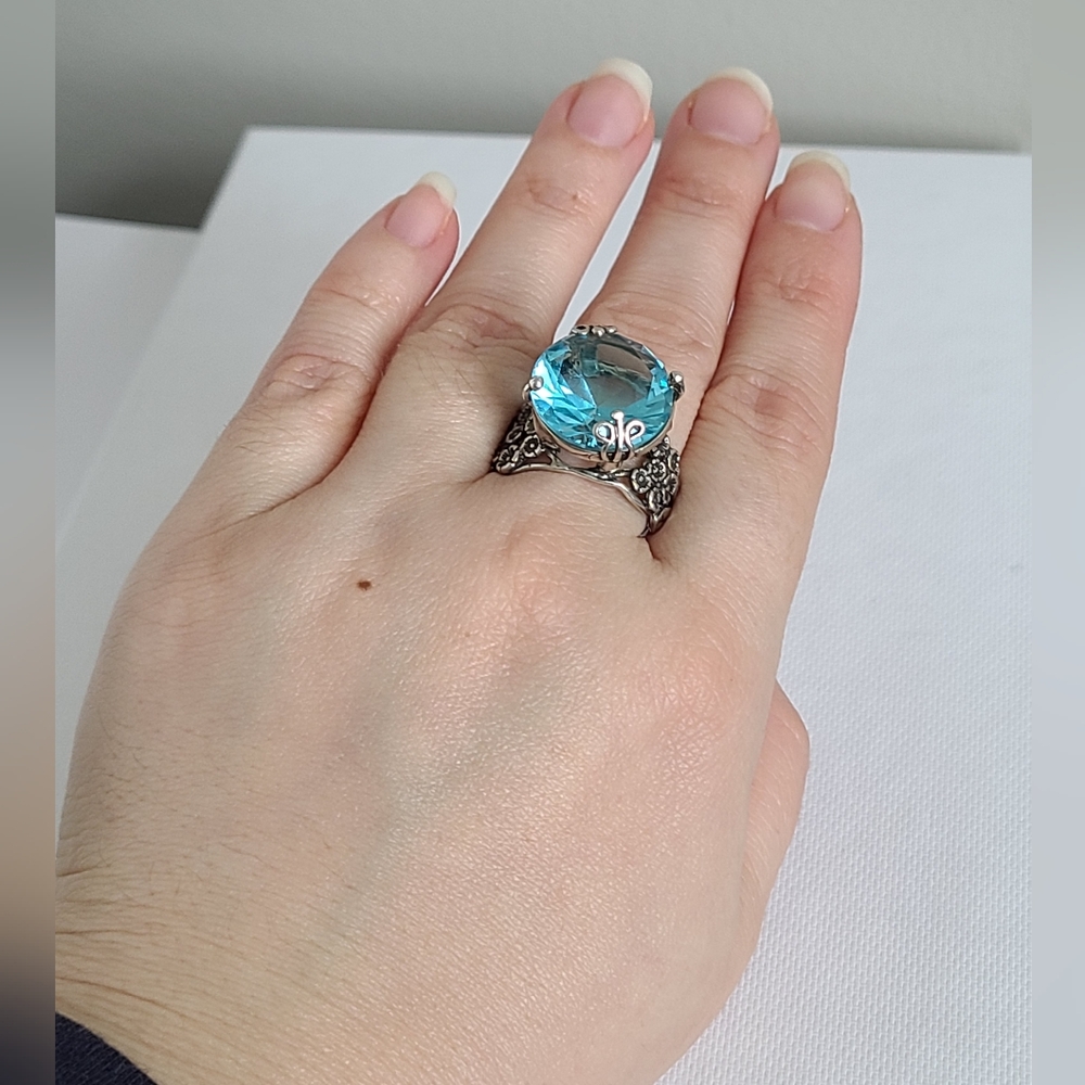 Vintage Sterling Silver Boho Chunky Blue Topaz Solitaire Floral Statement Ring - Picture 13 of 14